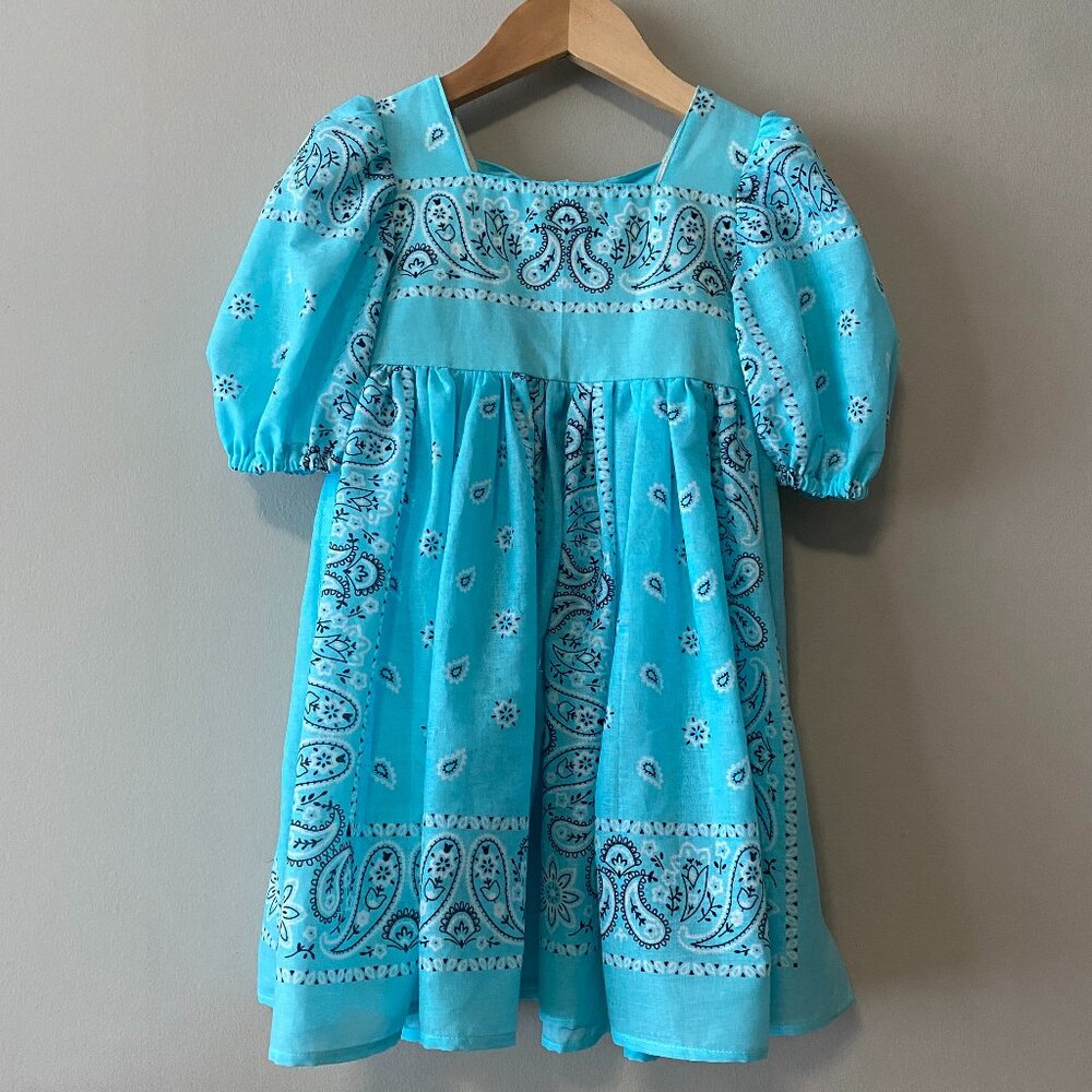 Handmade Children's 100% Cotton Blue Paisley Back Bows Sheer Dress
